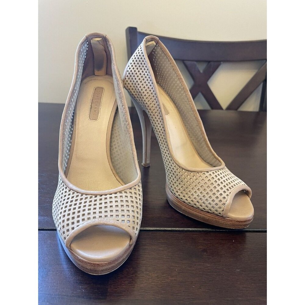 Longchamp Womens Nude Suede Perforated Open Toe Pumps Size 6.5 Made In Italy